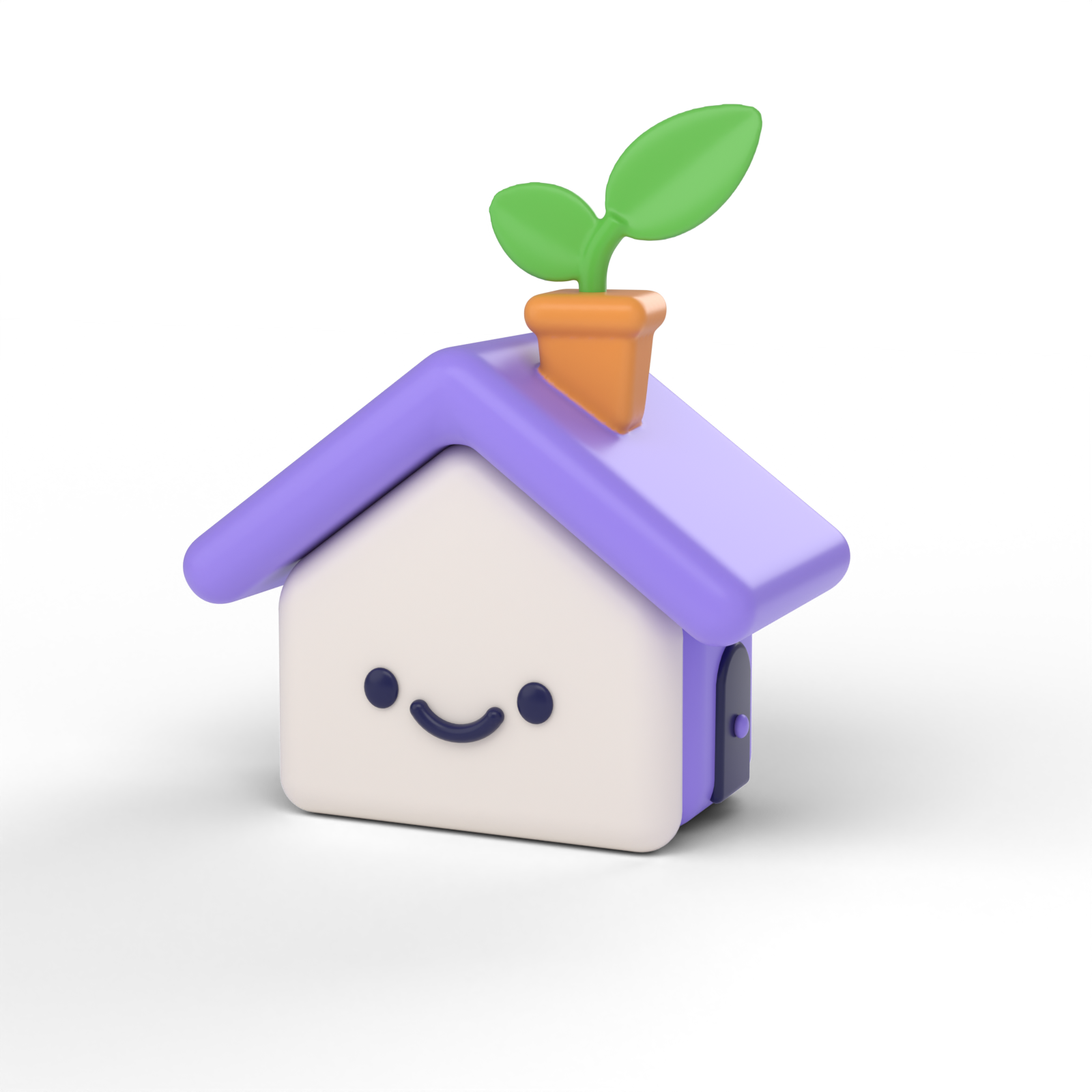 Roomie's 3D house mascot: a cream house with a smiling face, a lavender roof and a sprout on top.